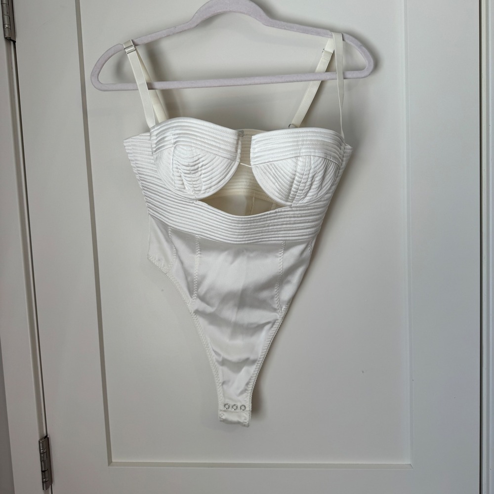 Anna October Cream Bustier Cutout Bodysuit Size S US 4 White Satin Topstitching